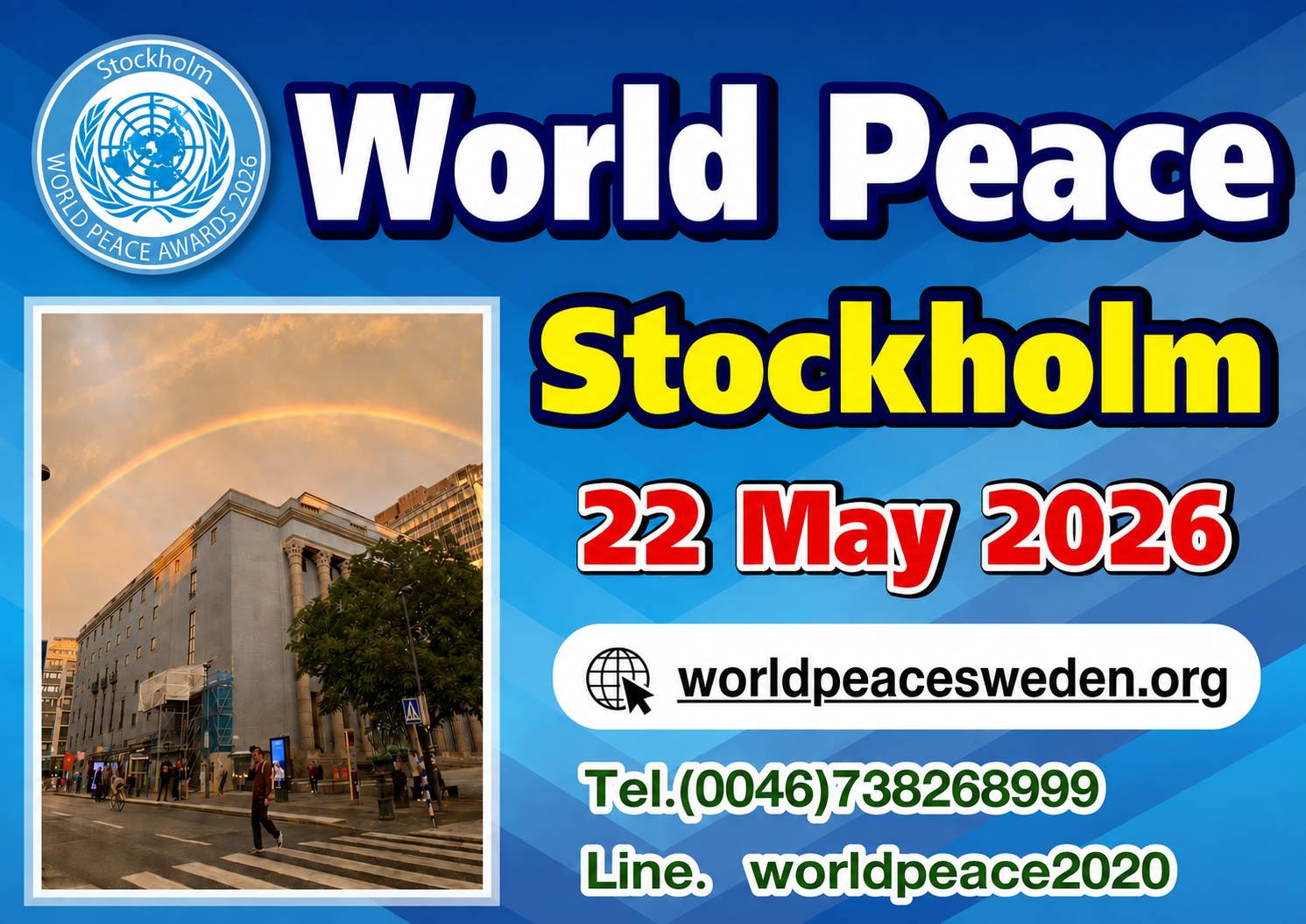 World Peace Stockholm 2026 poster with Stockholm Concert Hall and rainbow