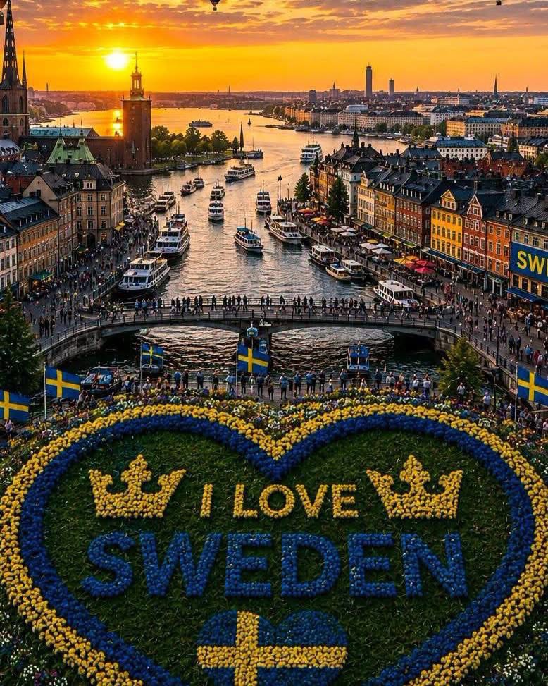Stockholm waterfront at golden hour with boats and historic buildings